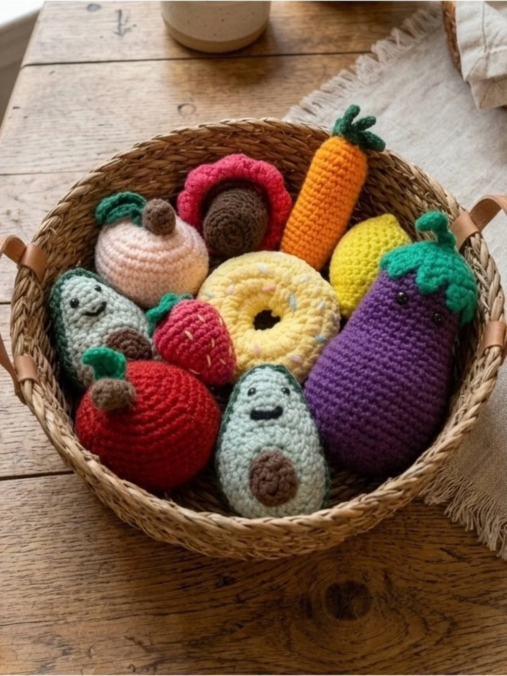 Handmade Crochet Play Food Set - 9pc Amigurumi Fruits, Veggies & Donut